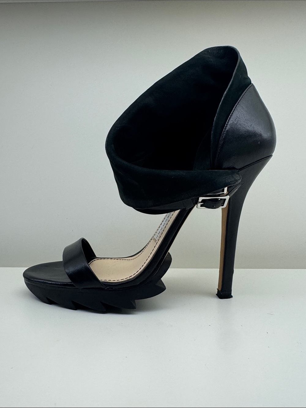 Black High Heel Ankle-Cuff Sandals with Sculpted Sole